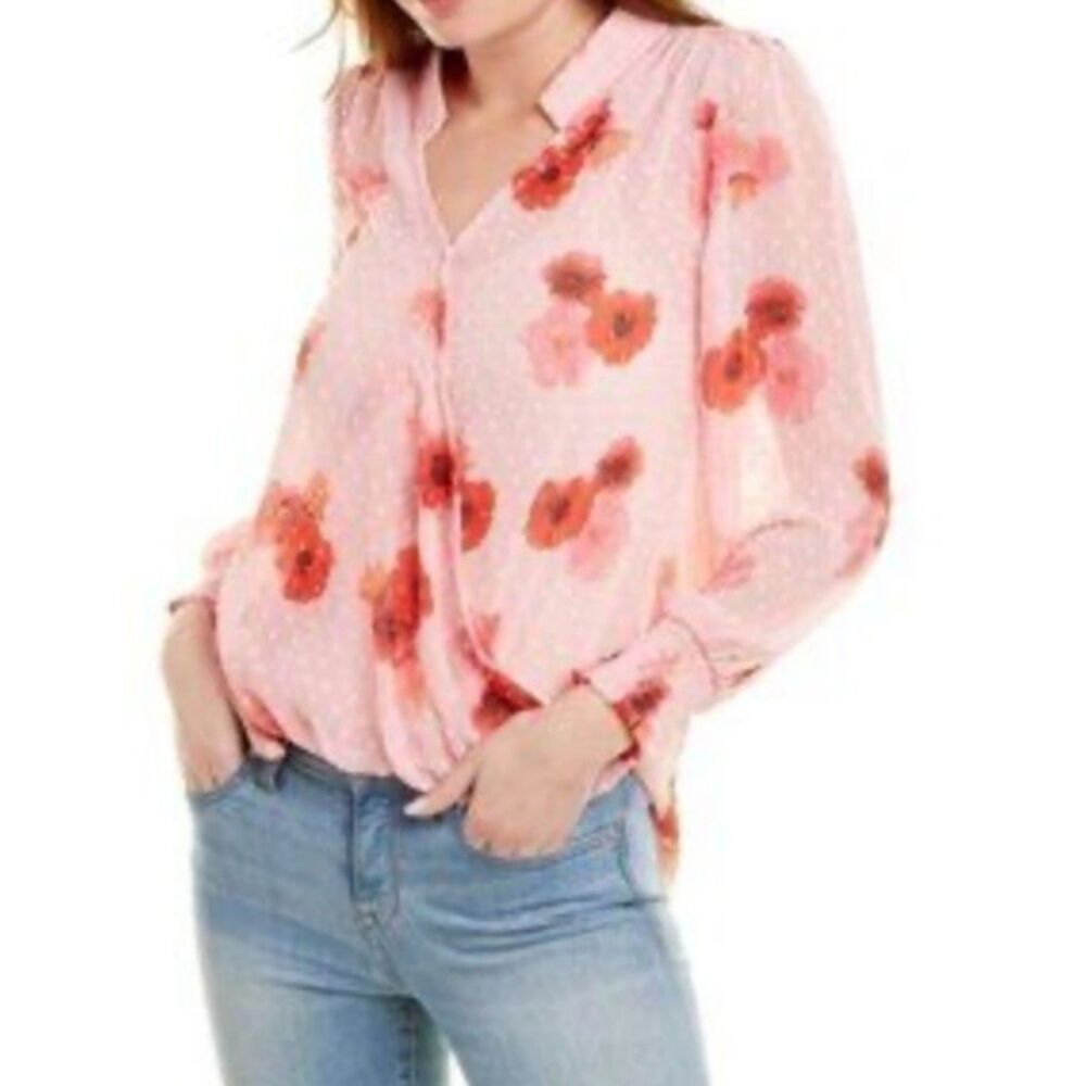 Bobeau blush pink swiss dot texture sheer floral faux wrap long sleeve blouse